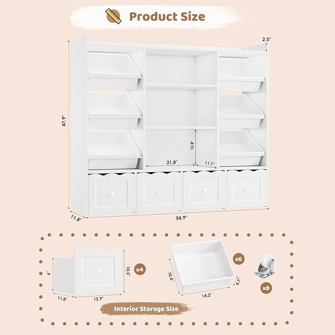 HITHOS 55" W Kids Toy Storage Organizer with 10 Toy Box & Book Shelf, White | Large Toy Organizers and Storage with Kids Bookshelf & 6 Plastic Toy Chests & 4 Movable Drawers for Kids Room, Playroom - Image 2