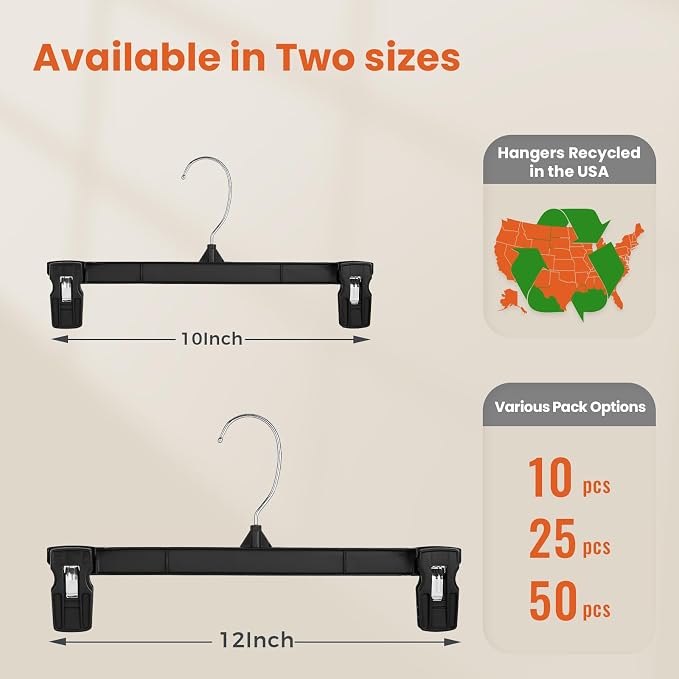 HOUSE DAY Black Pants Hangers with Clips 50 Pack, 10 Inch Skirt Hangers | Non-slip clips hold folded pants, skirts and kids' clothes; 360° swivel hook and compact design fit dorms and small closets - Image 2