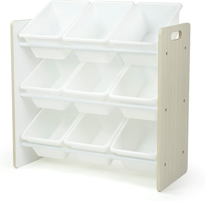 Humble Crew Kids Toy Organizer with 9 Bins, 3 Tier Storage for Playroom | Sturdy wood and steel toddler shelf, removable BPA-free containers, wall anchor anti-tip safety kit for bedroom or classroom by HumbleCrew
