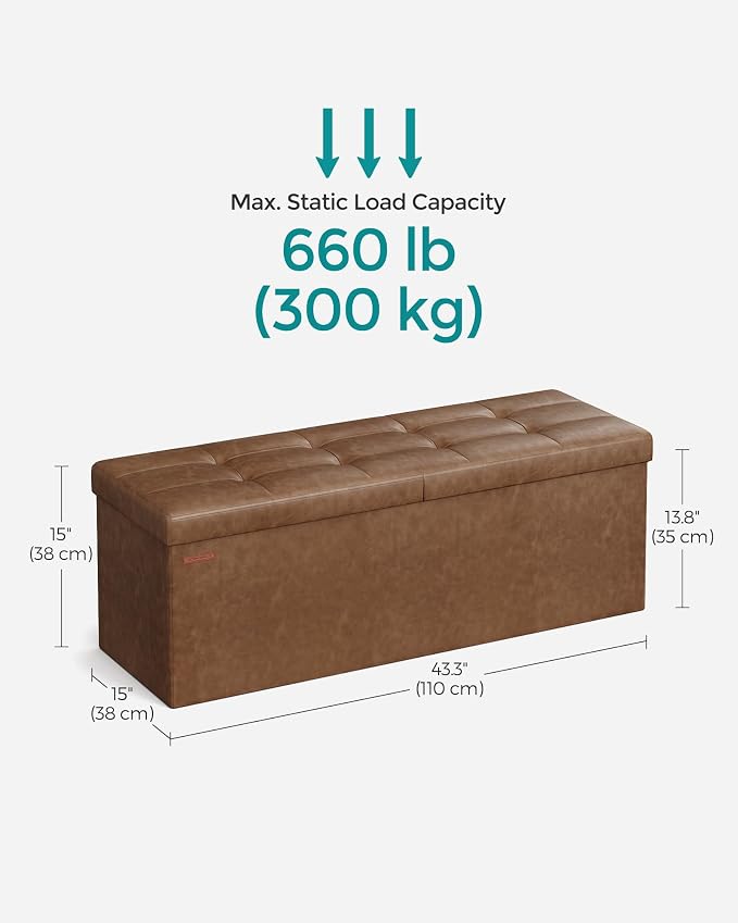 SONGMICS MAZIE Collection - 43 Inches Storage Ottoman Bench with Flipping Lid, Storage Chest with Iron Frame Support, Load 660 lb, for Living Room, Bedroom, Synthetic Leather, Coffee Brown ULSF075K01 - Image 3