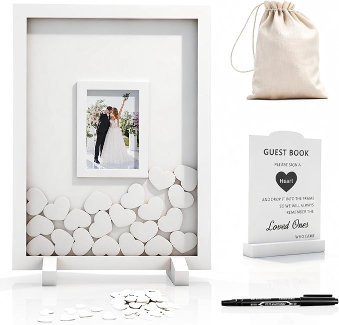 Wedding Guest Book Alternative Wooden Picture Frame Guestbooks(White) | With 90+ hearts, Guest Book Alternative for Wedding Baby Shower Anniversary Birthday Party by MakeLifeBetter