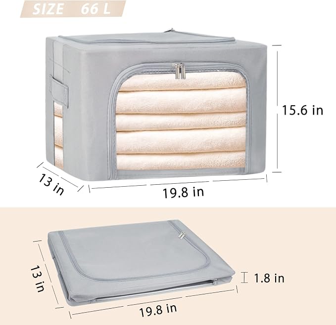 Clothes Storage Box Bins Stackable Foldable Organizer,Sturdy Handles with Metal Frame for Clothing Bedding Shelves,Closet Container with Clear Window Zipper and Label Holder (Gray, 66L x3 Pack) - Image 2