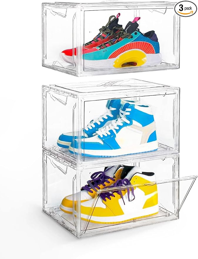 KDOR Clear Plastic Shoe box Organizer, 3 Pack Stackable Sneaker Boxes, Transparent Display Case with Magnetic lid, Tidy Home & Office Closet Storage by KDOR