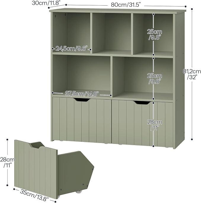 HOOBRO Toy Storage Organizer, Toy Organizers and Storage with 2 Movable Drawers and 5 Cubbies, Toy Chest Shelf for Books or Dolls, Kids Bookshelf and Toy Storage for Playroom, Green GN88CW01 - Image 3