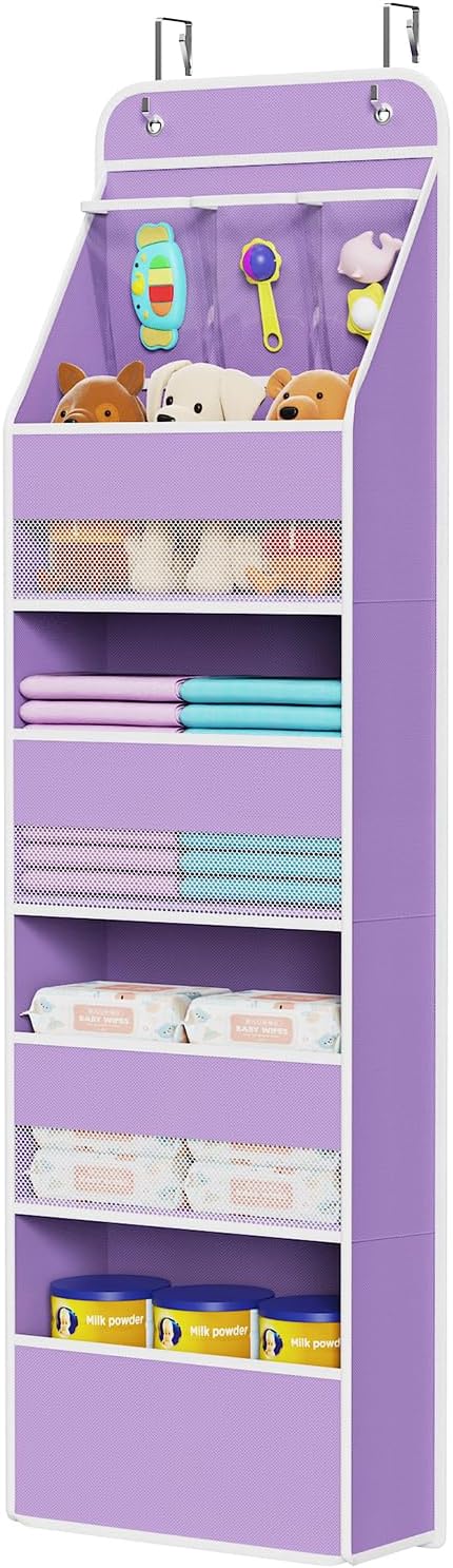 Univivi Fabric Over the Door Organizer for Baby Nursery, Purple, 5-Shelf | Door Storage with Large Capacity Breathable Mesh Pockets, Over Door Hanging Organizer for Baby Essential, Bedroom, and Dorm by Univivi