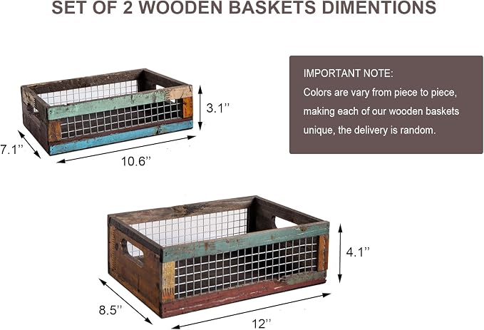 TIMRIS Set of 2 Rustic Wooden Countertop Baskets, Farmhouse Distressed Nesting Boxes, Small Decorative Wooden Storage Crates, Reclaimed Wood Organizer Baskets with Wire Mesh (Random) - Image 5