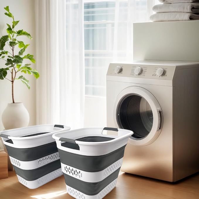 SAMMART 40L (10.5 Gallon) Collapsible Plastic Laundry Basket - Foldable Pop Up Storage Container/Organizer - Portable Laundry Hamper - Space Saving (2, White/Steel Grey) - Image 2