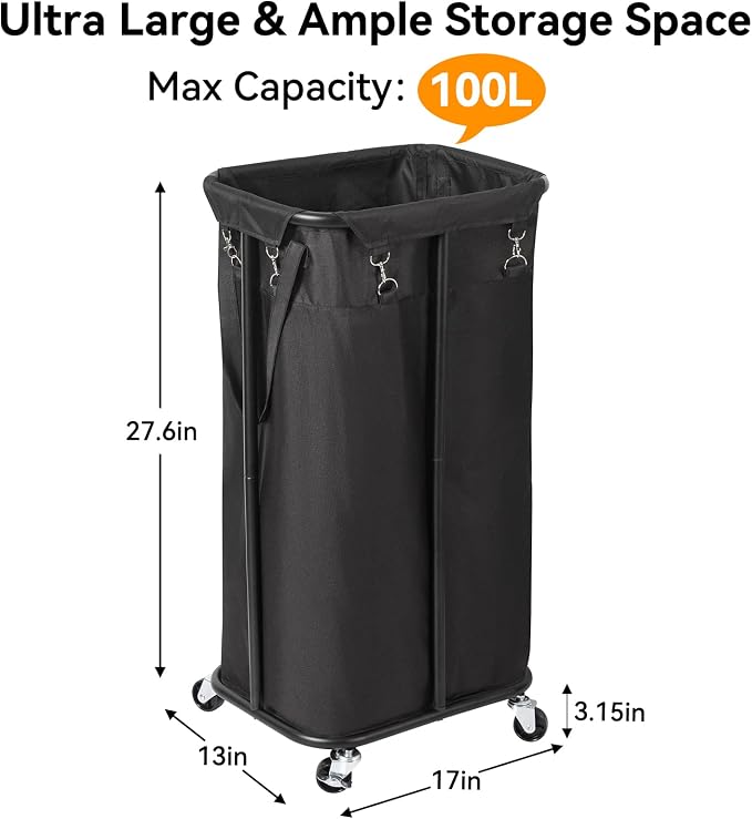 WOWLIVE 100L Rolling Laundry Basket with Wheels, Tall Laundry Hamper | Laundry Cart with Steel Frame and Removable Bag, Foldable Dirty Clothes Hamper for College Dorm, Laundry Storage, Black - Image 4