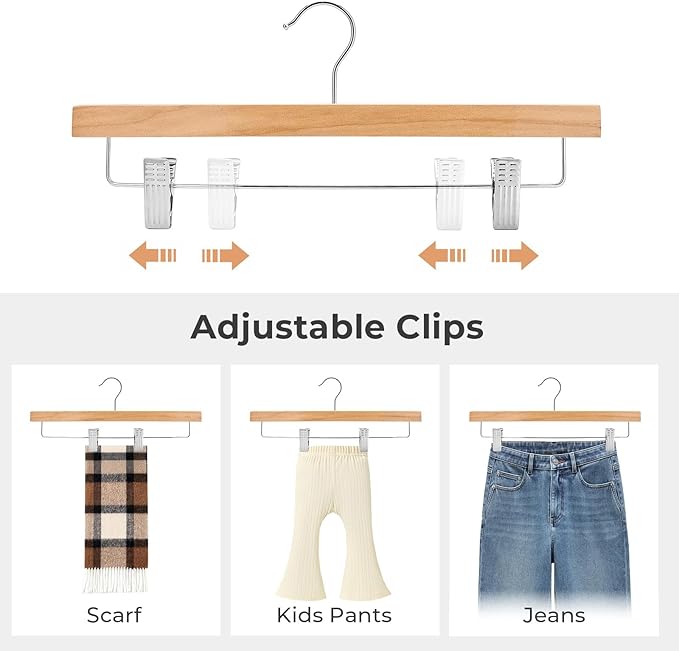 HOUSE DAY Wooden Pants Hangers with Clips, 25 Pack Skirt Hangers, Natural | 14-Inch Wood Hangers with Adjustable Non-Slip Metal Clips & 360° Swivel Hooks, Heavy Duty for Jeans, Slacks, Trousers, Shorts - Image 2