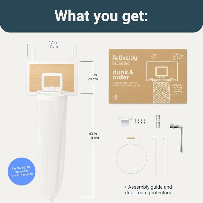 ActiveJoy – Basketball Laundry Hamper – Wooden Backboard & Mesh Hoop Laundry Basket – Over Door Hanging Organizer for Kids - White Oak - Image 7