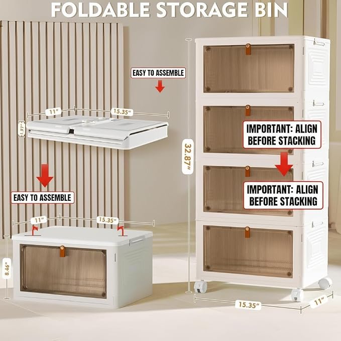 YFXCVSL 4 Tier Plastic Storage Bins with Lid 23QT, Stackable Storage Containers with Wheels, Folding Storage Boxes, Collapsible Storage Bins, Closet Organizers and Storage for Living Room,Office,Dorm - Image 7