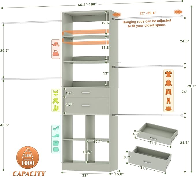 Besiost Closet System, 4-8 FT Closet Organizer Tower with 2 Wooden Drawers and Shelves, Can Fit 60 to 96 inch Walk-in Closet System with 5 Hang Rods, Built-in, Crab Green - Image 3