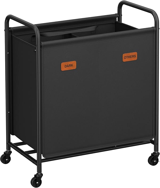 SONGMICS 2-Section Laundry Sorter, Laundry Hamper with Wheels, Rolling Clothes Hamper Cart with Large Capacity and Removable Bags, for Laundry Room, Bedroom, Bathroom, Ink Black URLS210B01 | Rolling Clothes Hamper Cart, Large Capacity, for Laundry Room... by Unknown