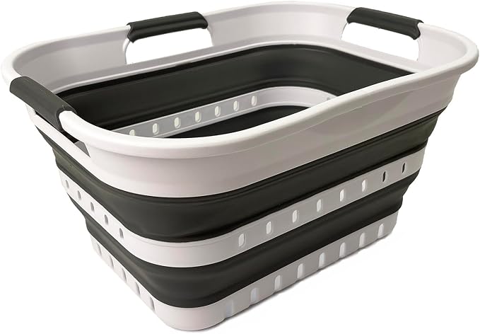 SAMMART Collapsible Plastic Rectangular Laundry Basket - Foldable Pop Up Storage Container/Organizer - Portable Laundry Hamper - Space Saving (White/Steel Grey, 19L) by SAMMART