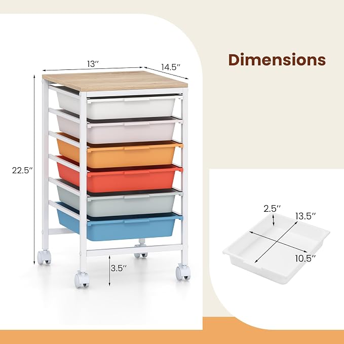 Giantex Rolling Storage Cart with 6 Drawers, Utility Cart w/Wooden Tabletop, Lockable Wheels, Multipurpose Organizer for Art Craft Scrapbooks Paper, Drawer Carts for Dorm Classroom Office, Macaron - Image 3