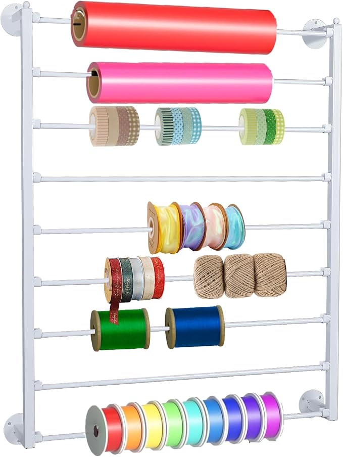 Xbsyhx 9 Tier Wall Mount Ribbon Organizer, Craft Room Storage Rack | Wrapping Paper Storage for Sewing Craft Mesh Thread Tape Wreath Crochet Craft Room Flower Shop(White) by Unknown