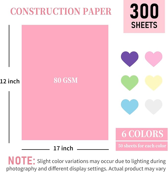 300 Sheets Colored Construction Paper for Art Craft Drawing 12"x 17.3", 80gsm Colored Craft Paper Medium Weight for Arts Party - Image 2