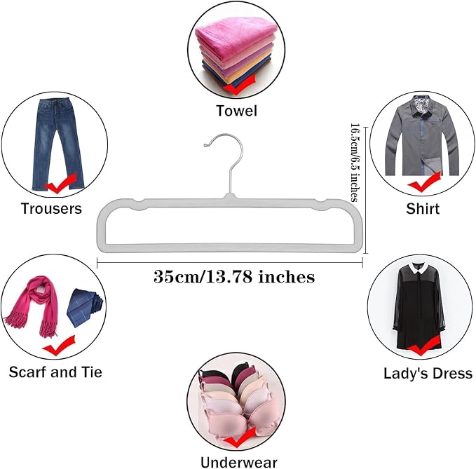 20 Pack Velvet Pants Hangers for Closet Space Saving, Thin Hanger (Grey) | 35cm(L) Heavy Duty Flocked Trouser Hangers, Durable, Clothes Hanger with Silver Swivel Hook, Jean Hangers for Women and Men - Image 5