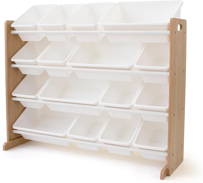 Humble Crew Kids Toy Organizer with 16 Bins, 4 Tier Storage for Playroom | Sturdy wood and steel toddler shelf, removable BPA-free containers, wall anchor anti-tip safety kit for bedroom or classroom by HumbleCrew