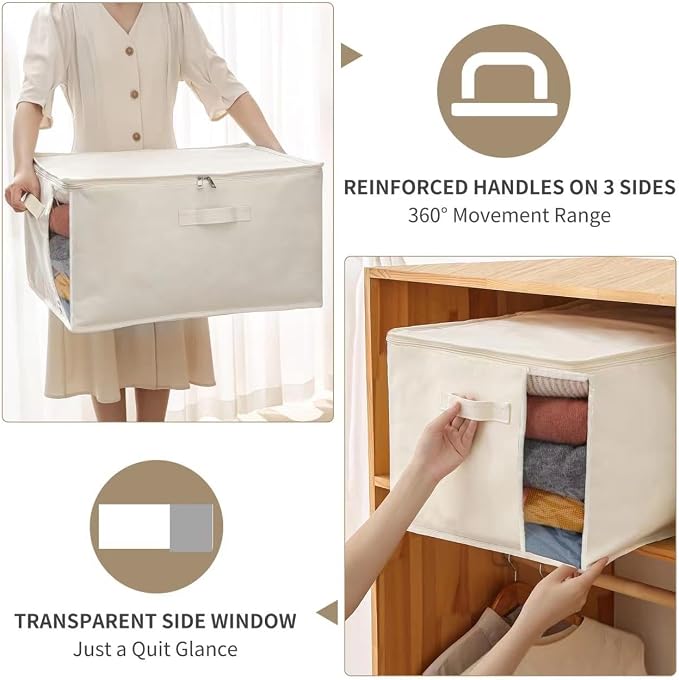 6 Pack Canvas Comforter & Blanket Storage Bags with Clear Window, Beige | Large Capacity, Cotton Linen Fabric, Reinforced Handles, Foldable Design for King Comforters, Clothes and Blankets Storage - Image 4