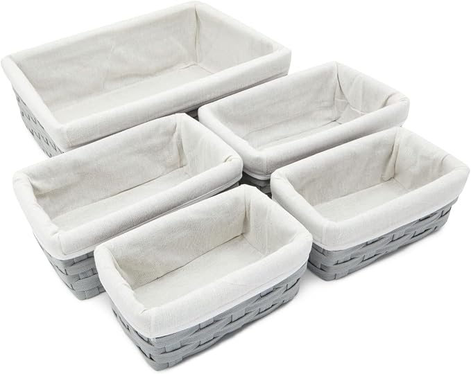 Juvale Wicker Nesting Baskets with Cloth Lining - 5-Pack Gray Rectangular Set - Stackable Storage Bins & Lined Baskets for Organizing Pantry, Closet - Image 8