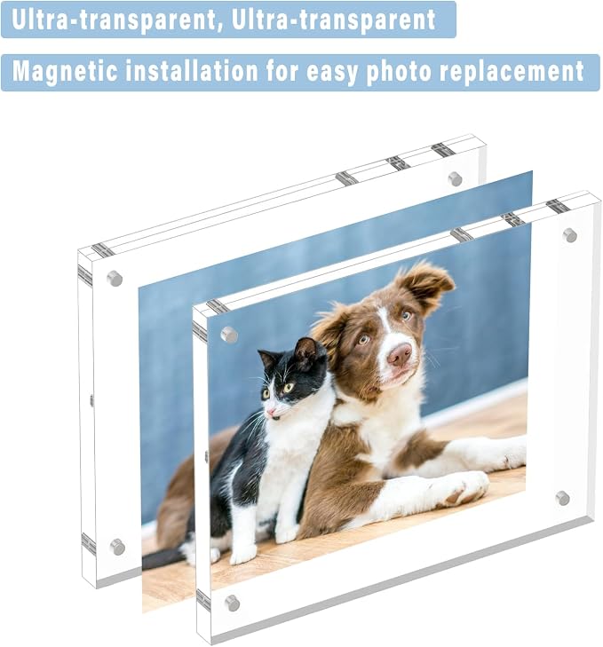 HELPLEX 2 Pack 8x8 Acrylic Picture Frames, 24mm Thicker Square Frameless Clear Frame Double Sided Magnetic Frame, Free Standing Desktop Display Stand Acrylic Frames - Image 3
