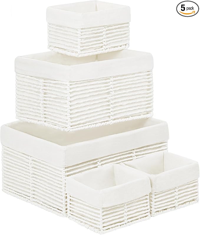 Wicker Storage Basket, Hand-Woven Paper Rope Woven Baskets, Rectangular Small Wicker Baskets for Organizing, Cube Storage Bins for Closet/Clothes/Dresser, White, 5-Pack by Vagusicc
