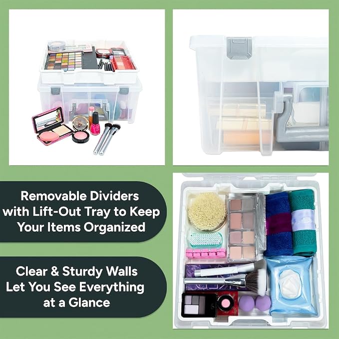 Best Kept Super Satchel Double Deep with Lift-Out Tray, Clear | Lift-Out Tray Plus Removable Dividers, 15.25 x 14 x 6.25 Inches, Silver Latches, Stackable Polypropylene - Image 7