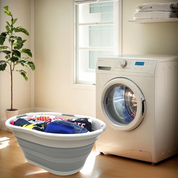 SAMMART 57L (15 Gallons) Collapsible 3-Handled Plastic Laundry Basket - Oval Tub - Portable Washing Tub-Space Saving Laundry Hamper, Water Capacity 44L / 11.6 Gallon (1, Grey) - Image 2