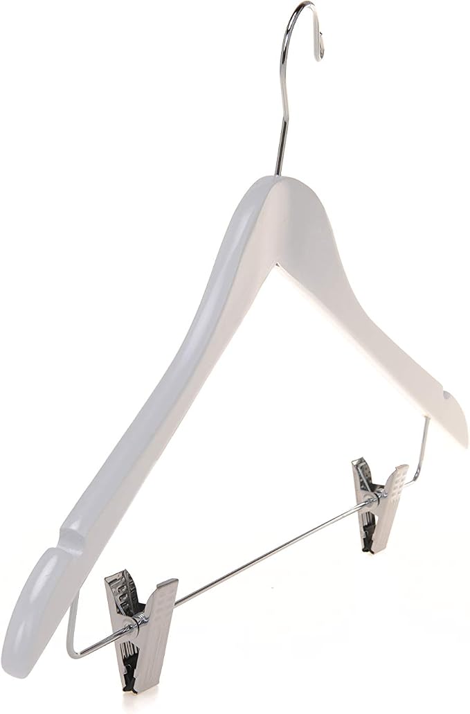 Quality Wooden Skirt Hangers with Clips, 10-Pack Smooth Solid Wood Pants Hangers with Durable Adjustable Metal Clips, Swivel Hook, Coat, Jacket, Blouse Suit Hangers (White, 10) - Image 7