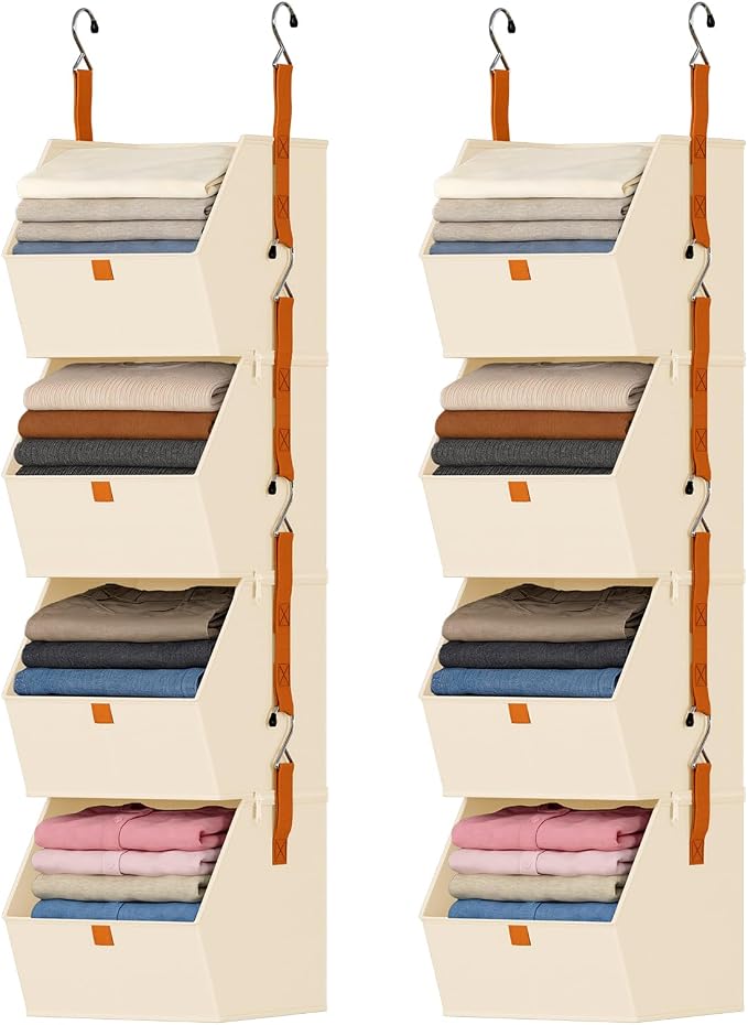 DIMJ Hanging Closet Organizer - 4 Tier Collapsible Hanging Shelves with Hooks Zipper, Fabric Clothes Organizer, Space-Saving Storage Bin Basket for RV, Bedroom, Laundry Organization by DiMJ
