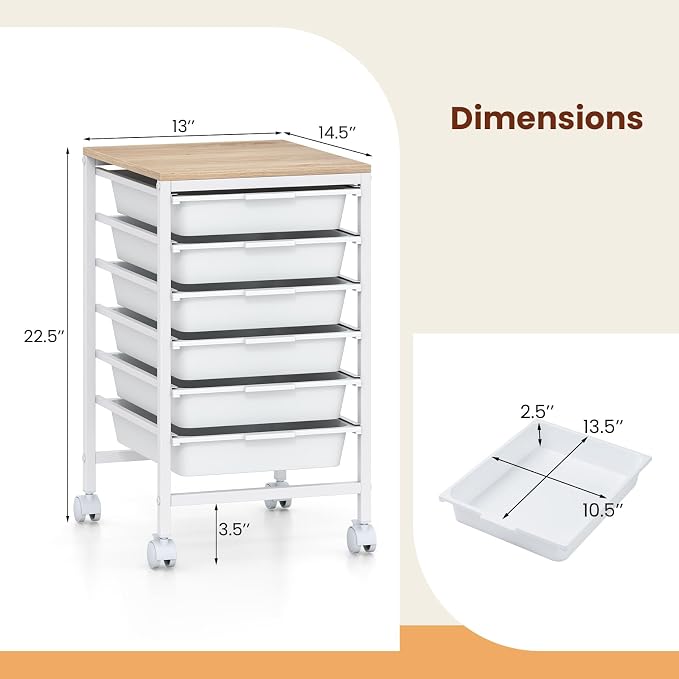 Giantex Rolling Storage Cart with 6 Drawers, Utility Cart w/Wooden Tabletop, Lockable Wheels, Multipurpose Organizer for Art Craft Books Paper, Drawer Carts for Dorm Classroom Office, White - Image 3