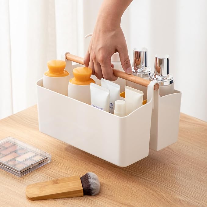 EZOWare Plastic Stackable Caddy Tote Set, Large Storage Organizer Bins w/Removable Compartment Divider & Handle for Makeup, Bathroom, Office Supplies, School, Crafts, Nursery - White and Orange - Image 5