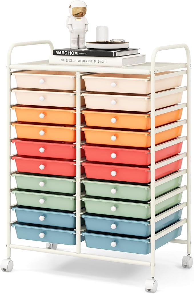 RELAX4LIFE 20 Drawer Rolling Storage Cart, Mobile Rolling Cart w/Drawers for School Classroom Teacher Office Home Salon, Paper File Art Supply Craft Organizer, Utility Cart on Wheels (Macaron) by RELAX4LIFE