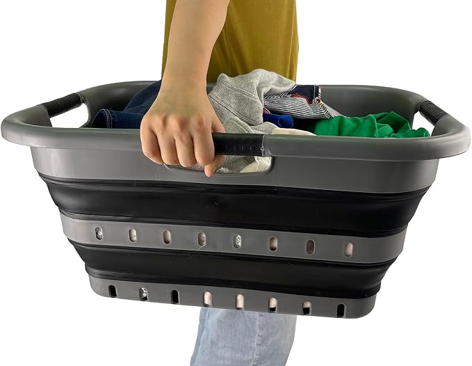 SAMMART 41L (10.8 gallon) Set of 2 Collapsible 3 Handled Plastic Laundry Basket-Foldable Pop Up Storage Container/Organizer-Portable Washing Tub-Space Saving Hamper/Basket (2, Grey/Black) - Image 5