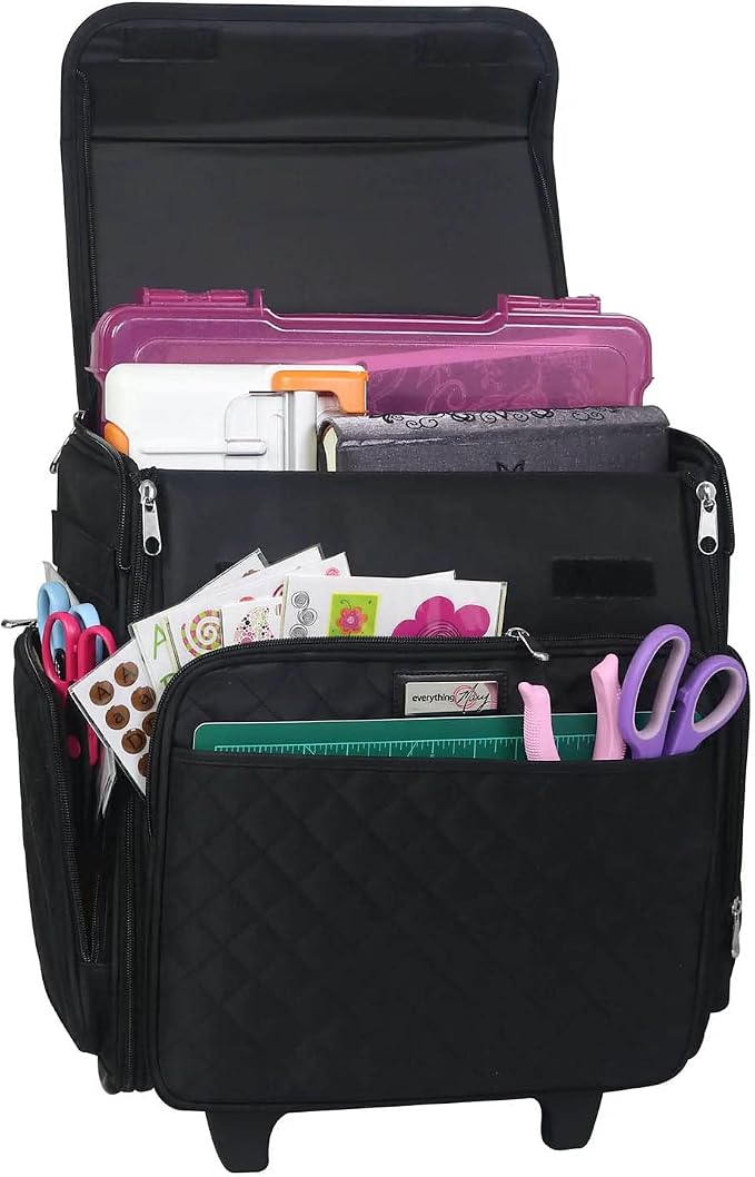 Everything Mary Rolling Scrapbook Tote – Black Quilted Craft Bag with Wheels – Storage Organizer for Scrapbooking, Papercraft, Art Supplies & Portable Craft Tools - Image 7