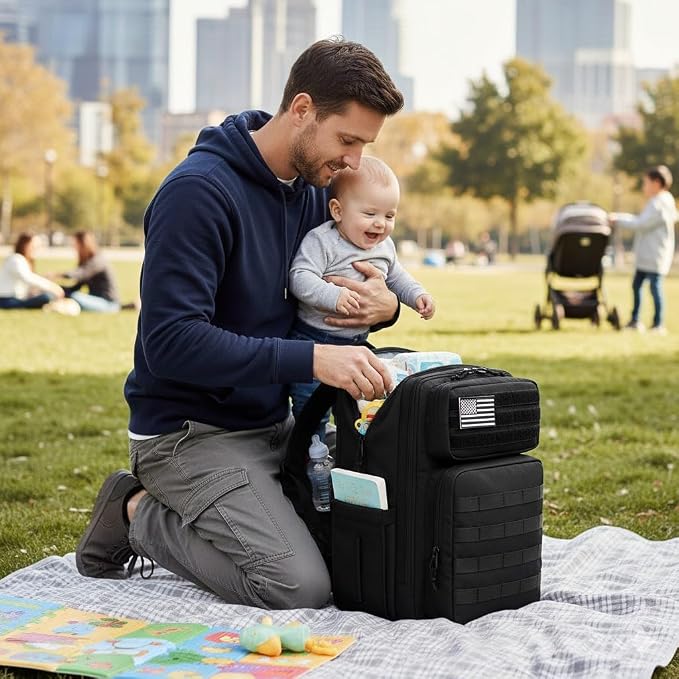 Large Dad Diaper Bag Backpack, Tactical Style, Black | Stroller Clips, Luggage Sleeve for Travel, Insulated Pockets - Image 8