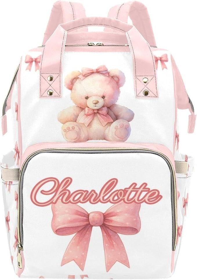 Personalized Cute Bear with Bow Diaper Bag Backpack with Custom Name – Waterproof Multi-Pocket Baby Nappy Bag for Moms and Dads – Large Capacity Travel Backpack & Shower Gift for Baby by Unknown