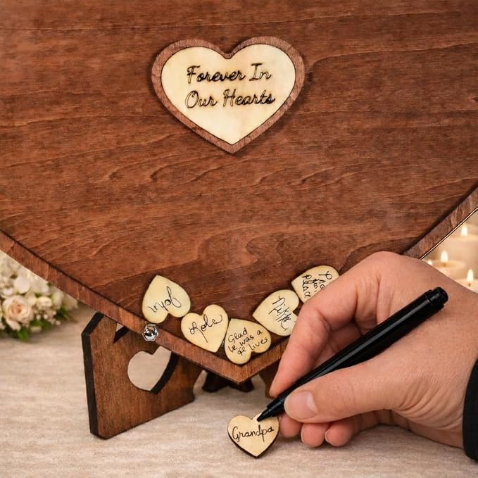 Wooden Heart Memorial Guest Book Alternative, Featuring-Forever in Our Hearts, Signing Hearts with Display Stand (100 Trinkets) - Image 3