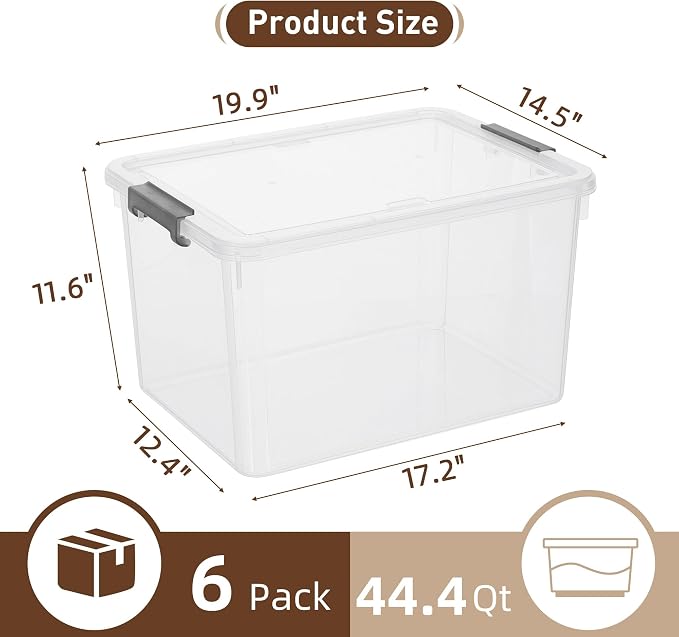 Citylife 6 Packs 44.4 QT Plastic Storage Bins with Lids Large Stackable Storage Containers for Organizing Clear Storage Box for Garage, Closet, Kitchen - Image 2