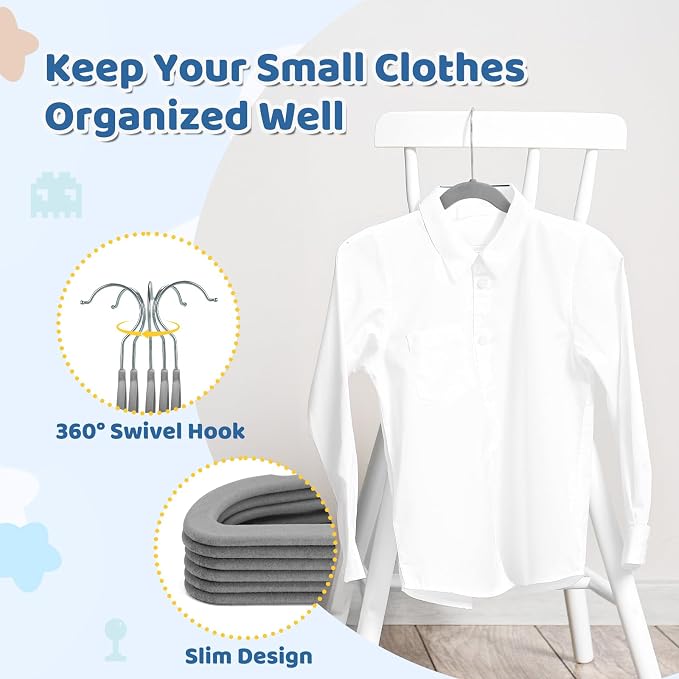 Premium 14 Inch Kids Hangers 100 Pack, Baby Velvet Hanger Non Slip | Grey Space Saving Felt Hangers Clothes Organizers for Closet with 360° Swivel Hook for Children, or Wholesale Small business - Image 6