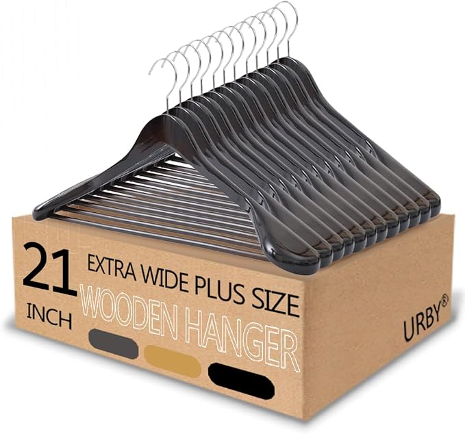 Urby 12pk 21 inch Wide Shoulder Wooden Hangers, Black Wood Color | For Plus Size Cloth, No Shoulder Bump Design, Non Slip Pants Bar, For XXL Suit, Jackets, Heavy Cloths, Easy-to-Install Hook by Urby