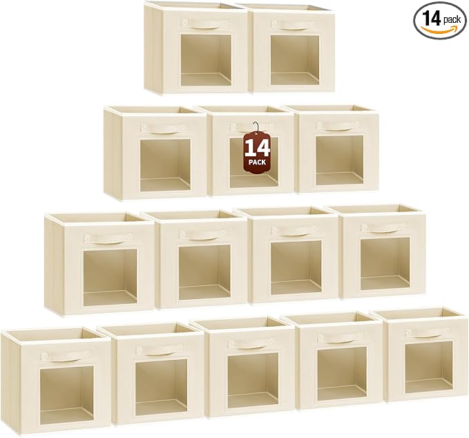 Storage Cube 11 Inch - Cube Storage Bins with Window, Closet Storage Baskets with Handle, Fabric Bins for Closet, Shelves, Toys, Clothes, Set of 14, Beige by Homsorout