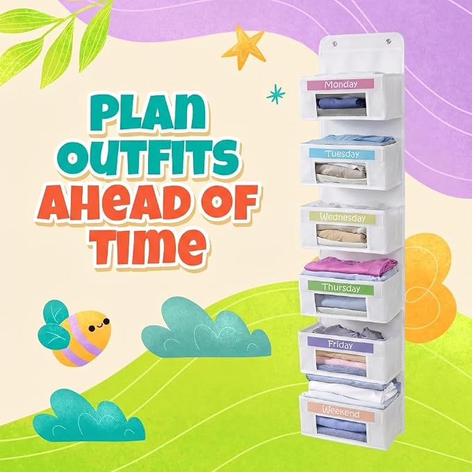 Weekly Clothes Organizer for Kids, Monday through Friday Clothing, 6 Shelf | Houseables Days of the Week Clothes Organizer, Kids Closet, Daily Outfit Storage, Weekday, M-F, School, Hanging, Over Door - Image 4