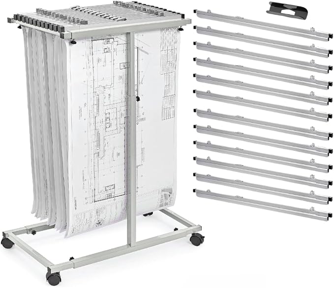 Adir Blueprint Rack and Clamps - 12 Pack of 30 Inch Blueprint Clamps and Mobile Blueprint Rack - Heavy-Duty Large Document Storage Solution for Blueprints, Posters, Maps, & Construction Plans by Adir+Corp.