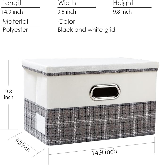Collapsible Storage Bin with Lid [3-Pack] Fabric Foldable Storage Box Organizer Container Basket Cube with Cover for Home Bedroom Closet Office Nursery Gray plaid & Cream(14.9x9.8x9.8) - Image 3