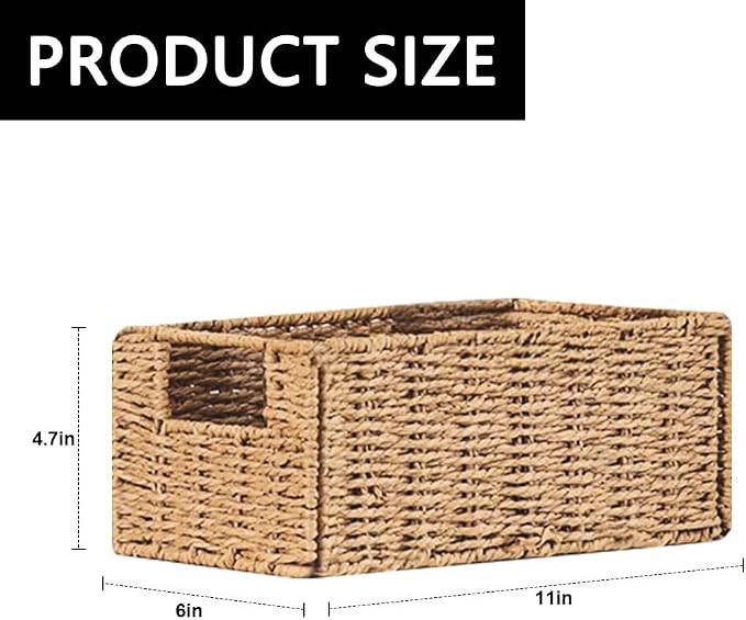 6 Pcs Small Wicker Baskets, Wicker Woven Storage Basket with Handle | Toilet Paper Baskets Towel Basket Foldable Cube Storage Organizer Bins for Shelves, Beige - Image 2