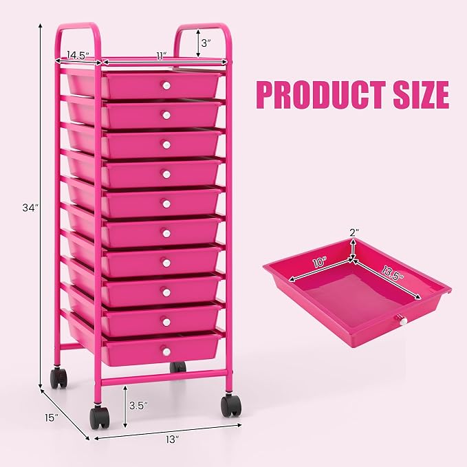 GOFLAME 10-Drawer Rolling Storage Drawer Cart, Utility Cart with Removable Drawers & Metal Frame, Mobile Art Craft Drawer Cart with Lockable Wheels for Home, Office, Studio, School, Hot Pink - Image 3