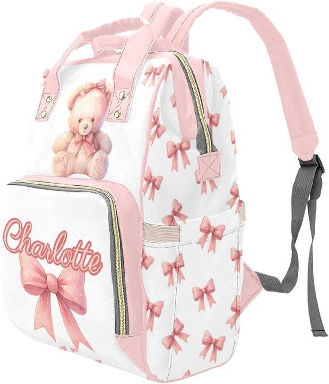Personalized Cute Bear with Bow Diaper Bag Backpack with Custom Name – Waterproof Multi-Pocket Baby Nappy Bag for Moms and Dads – Large Capacity Travel Backpack & Shower Gift for Baby - Image 2