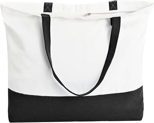 1 Pack Canvas Tote Bag with Zipper, Large Reusable Grocery Tote, Black | Blank bag, washable, inner pocket, flat bottom, sturdy handle, for sublimation DIY/transfer, travel/beach/Christmas crafts by HWJH